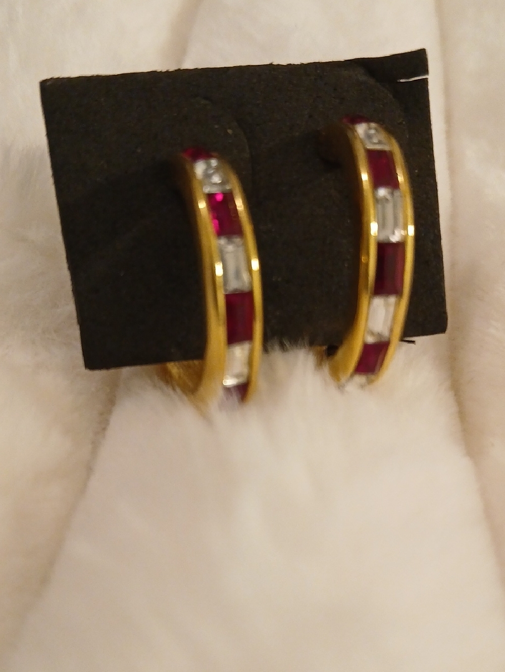 Vintage SAL Swarovski Goldtone Hoop Earrings w/Red and Clear Rhinestones, Signed